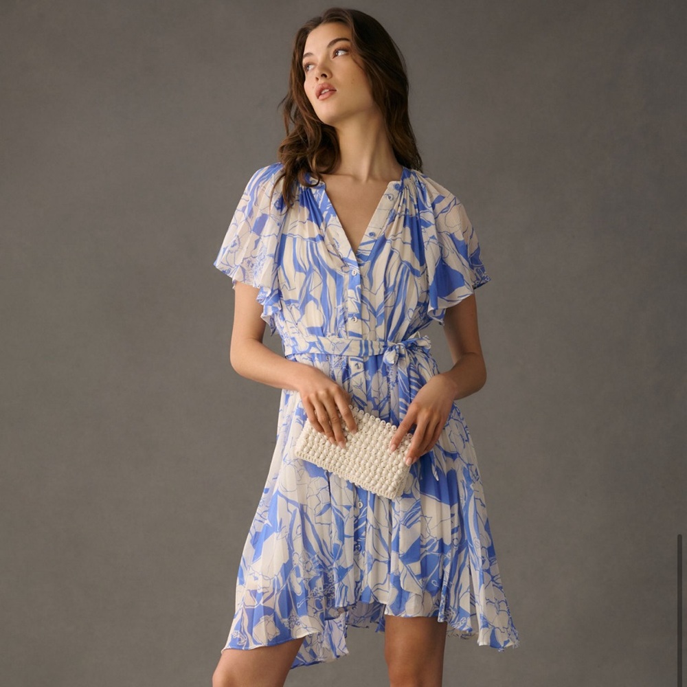V neck ruffle sleeves pleated dress